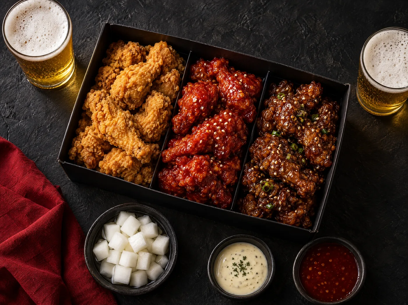 후라이드, 양념, 간장 치킨이 담긴 파티 박스와 맥주 두 잔