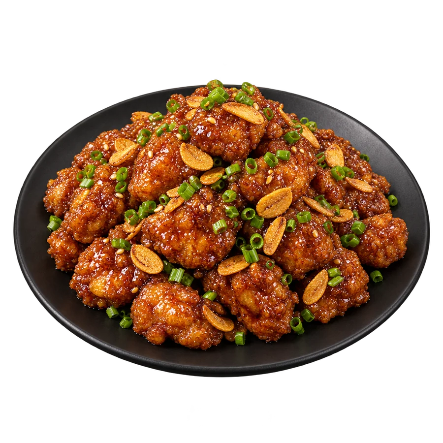 통마늘 칩과 쪽파를 올린 간장 마늘 치킨