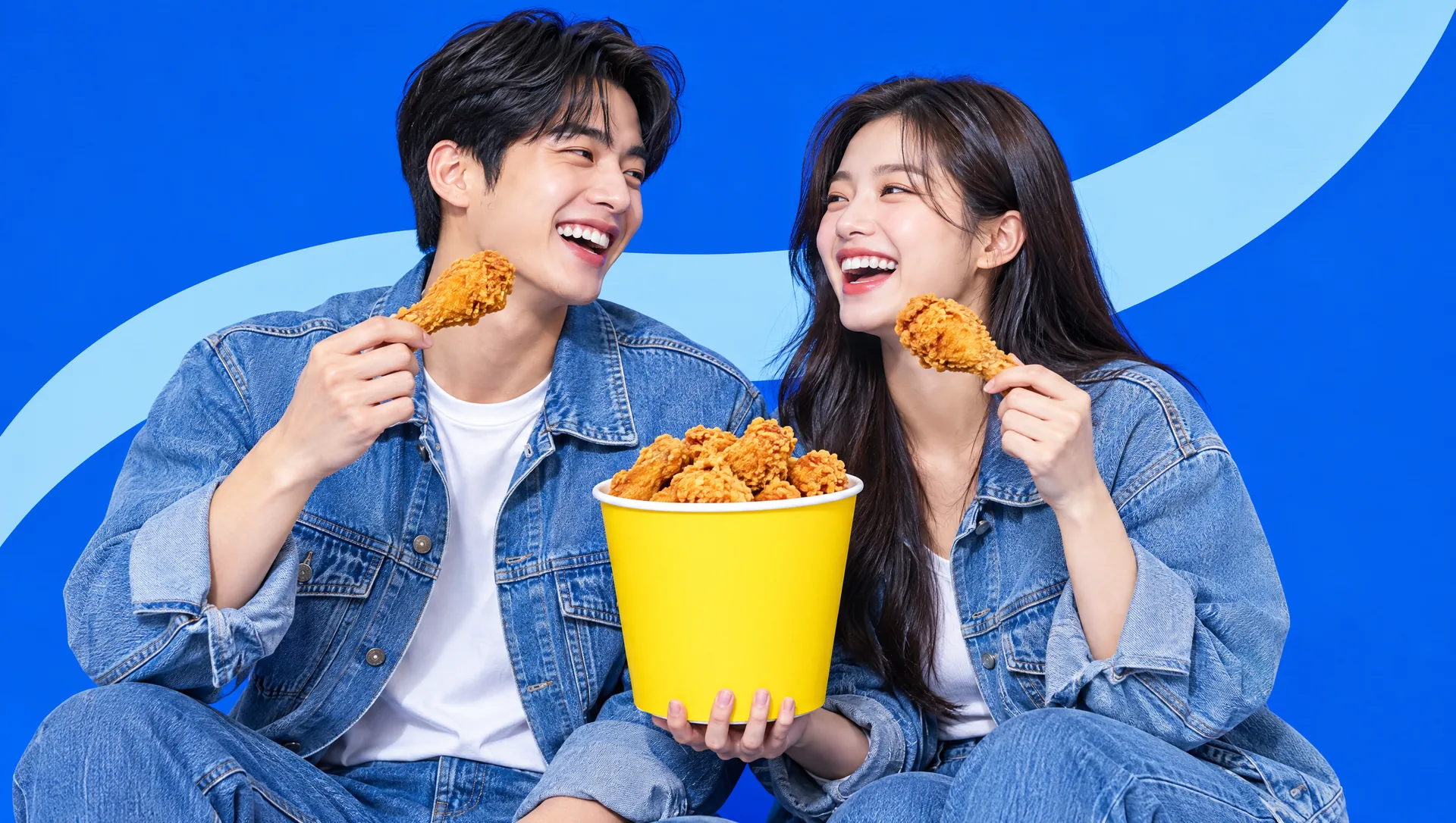 청재킷을 입은 남녀가 노란 치킨 버킷을 사이에 두고 웃는 모습