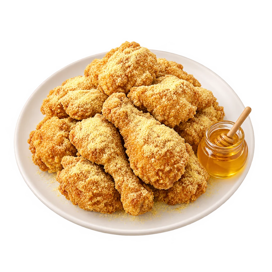 꿀단지와 함께 담긴 허니 버터 치킨
