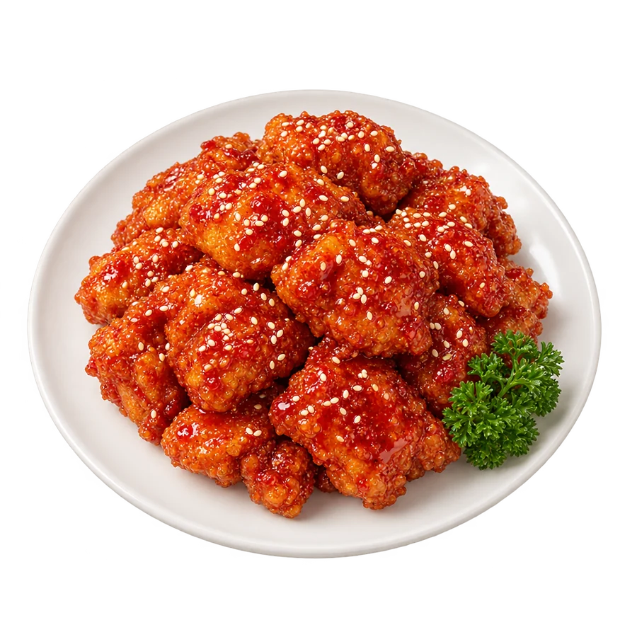 흰 접시에 담긴 레드 양념치킨