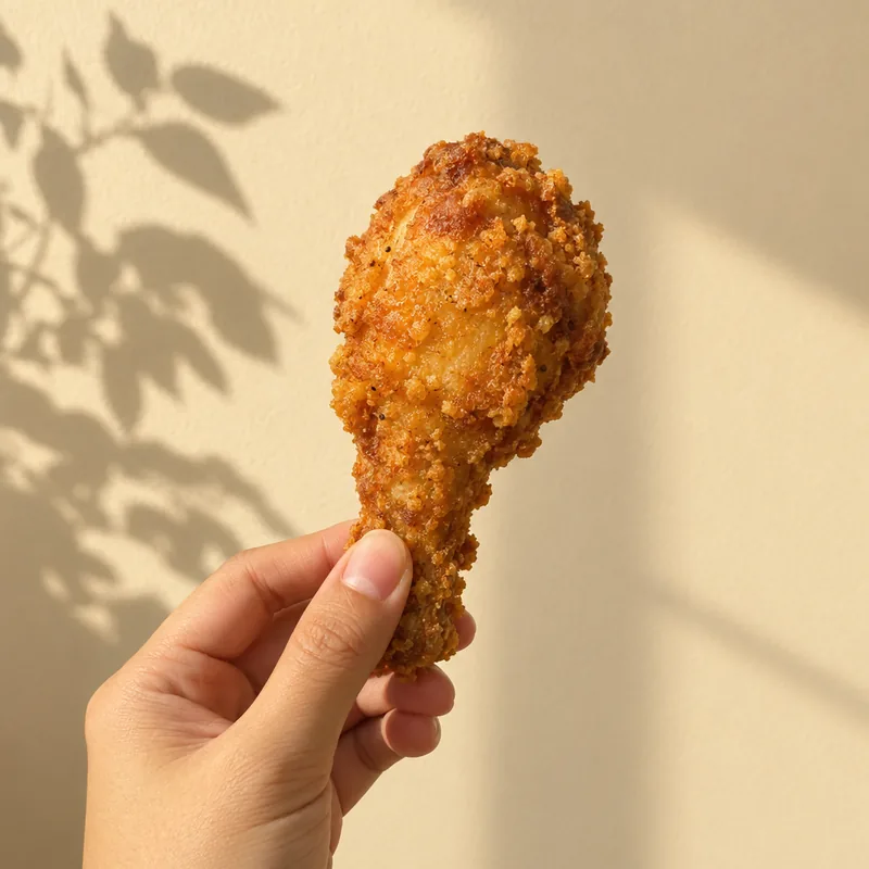 크림색 벽 앞에서 닭다리를 들고 있는 손