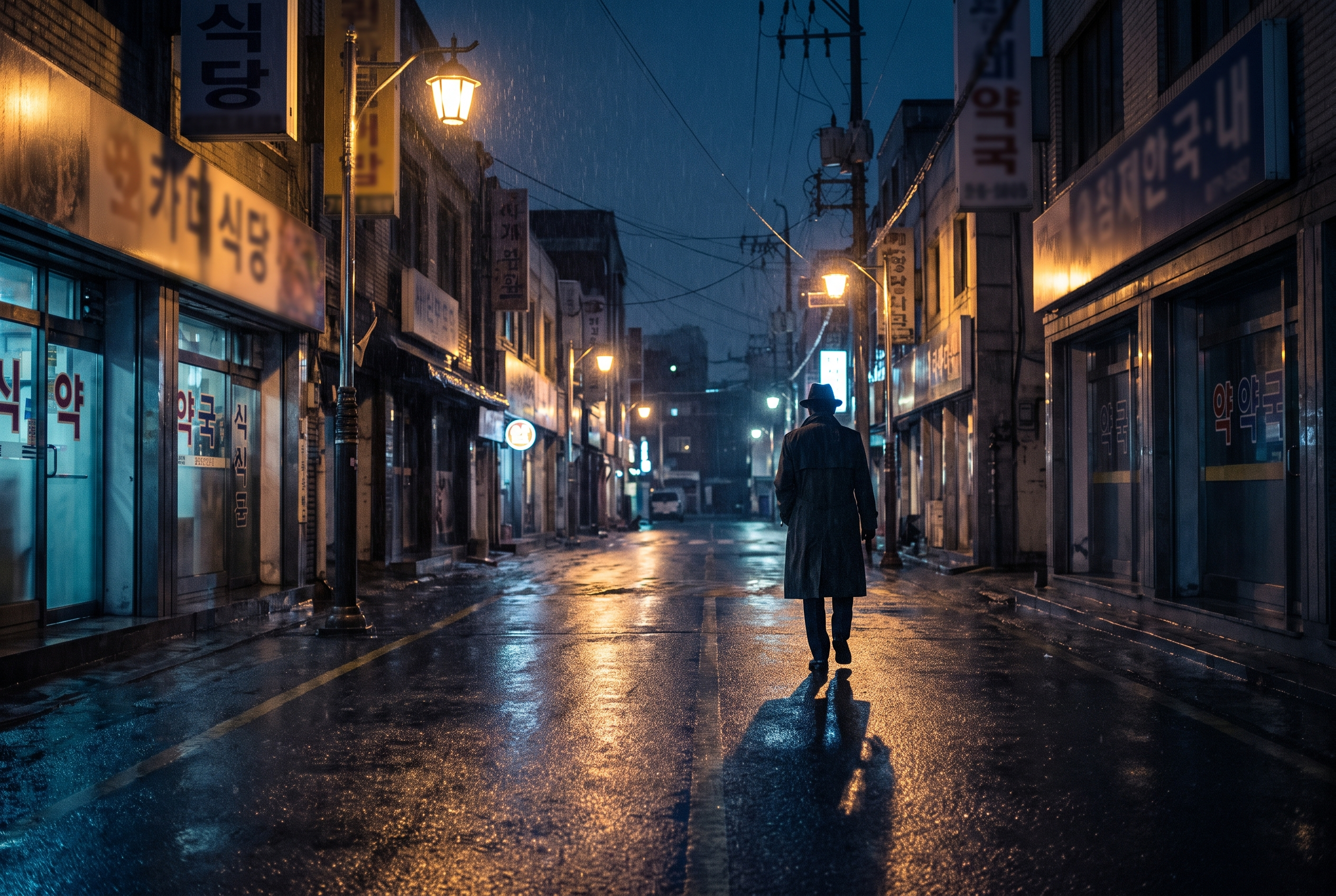 야간 도심 거리에서 현장 조사 중인 실루엣