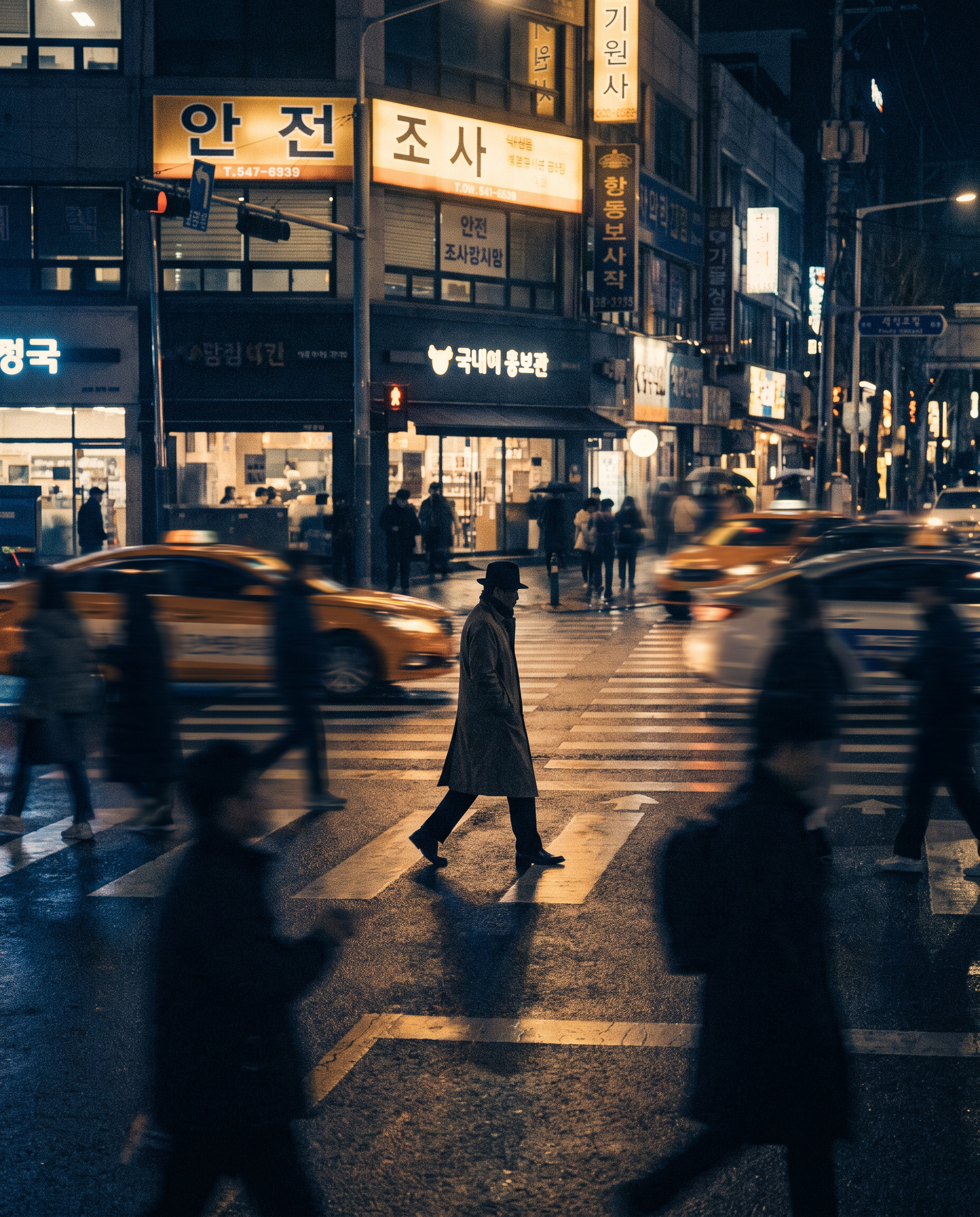 도심 인파 횡단보도 실루엣