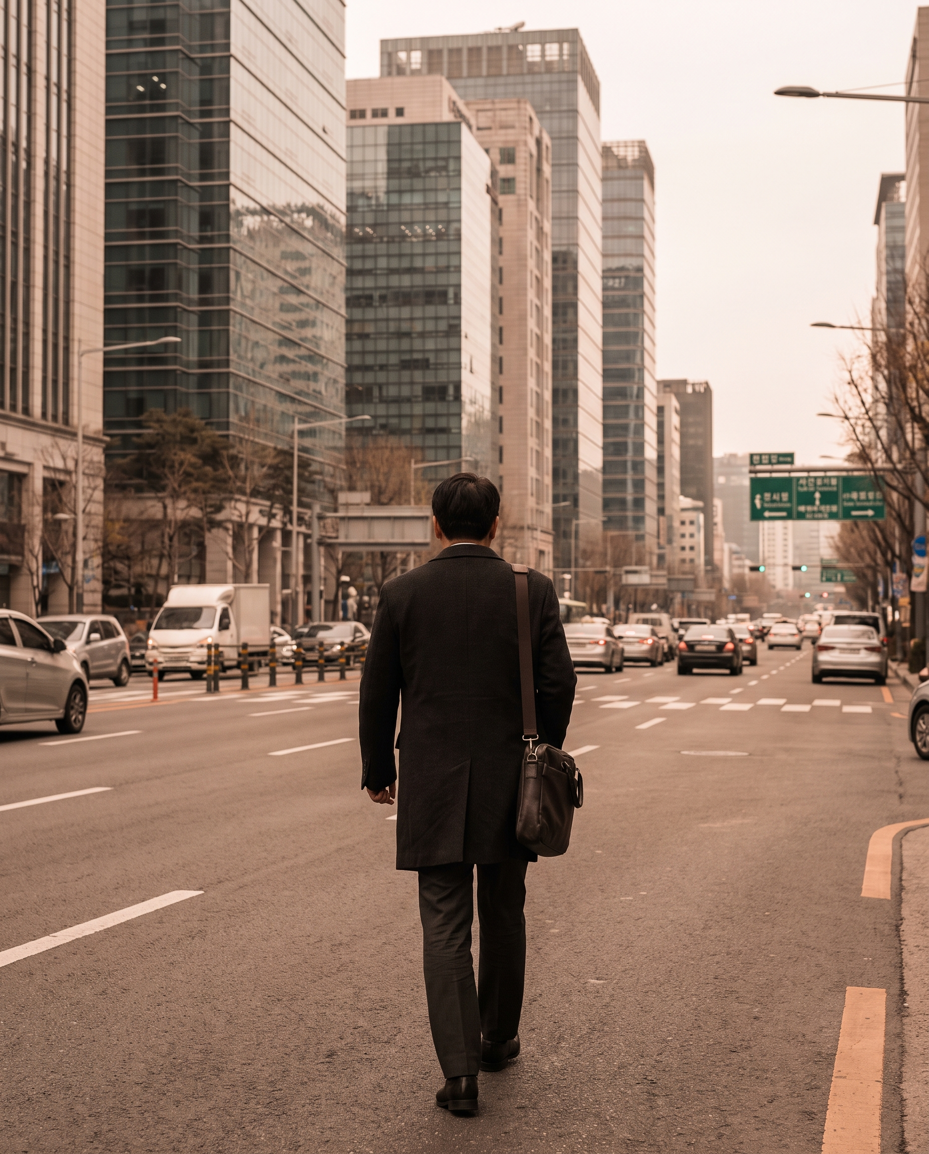 도심 거리에서 현장 조사를 수행하는 조사관의 뒷모습